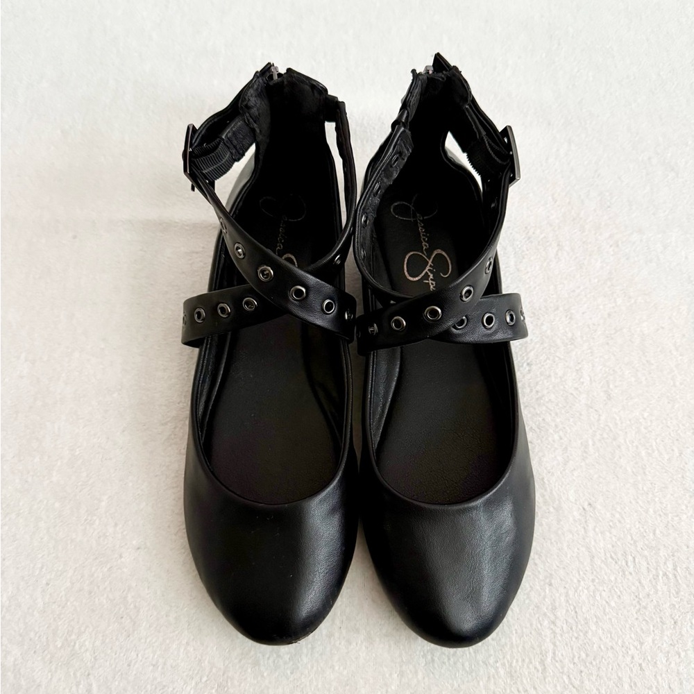 Jessica Simpson Black Ballet Flats Grommet Ankle Straps Size 10 - Picture 3 of 9